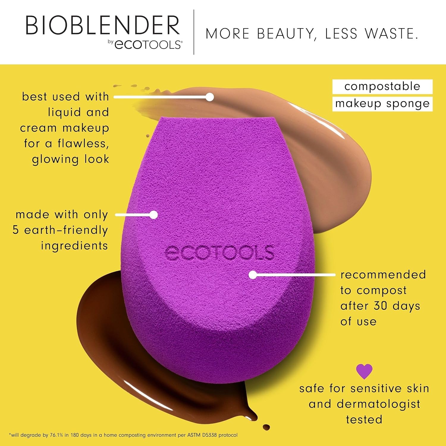 Bioblender Makeup Sponge, Compostable Makeup Blender, for Liquid & Cream Foundation, Seamless Application, Eco-Friendly Beauty Sponge, Cruelty-Free & Latex Free, 1 Count